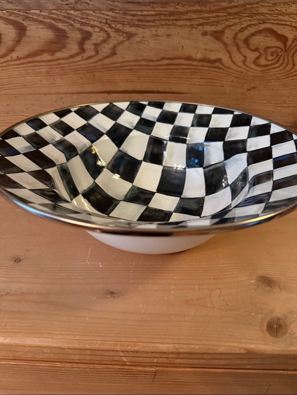 New Large MacKenzie-Childs Courtly Check Black & White Enamel Serving Bowl